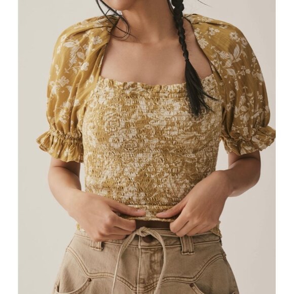 Anthropologie Seersucker Smocked Puff-Sleeve Crop Top Size L Chartreuse Floral - Picture 4 of 8